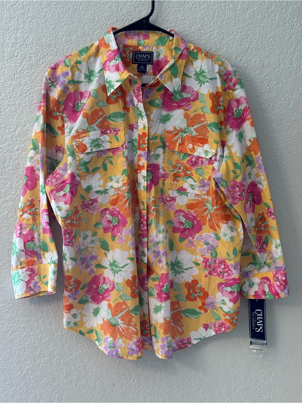 Chaps Classics Floral Button Down Shirt Women XL Yellow Pink Boho Cottagecore NW